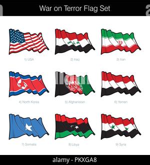 Guerre contre le terrorisme Waving Flag Set. L'ensemble comprend le pavillon d'etats unis, Irak, Iran, Corée du Nord, l'Afghanistan, le Yémen, la Somalie, la Libye et la Syrie. Vector Icons Illustration de Vecteur