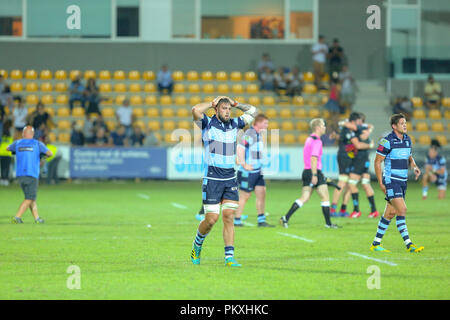Parme, Italie. 15 Septembre, 2018. Blues' flanker Josh Turnbull pense du match perdu contre Zèbre dans GuinnessPro14 2018/2019©Massimiliano Carnabuci/Alamy live news Banque D'Images