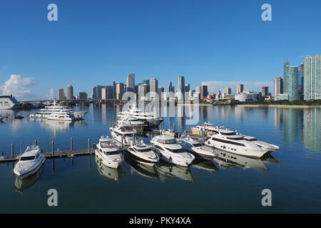 Les jardins de l'île des super-port de plaisance sur le MacArthur Causeway avec la ville de ville de Miami dans l'arrière-plan. Banque D'Images