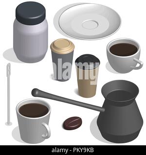 Service à café. Tasse, haricot, cezve et jar isolé sur fond blanc. 3D isométrique, style vector illustration. Illustration de Vecteur