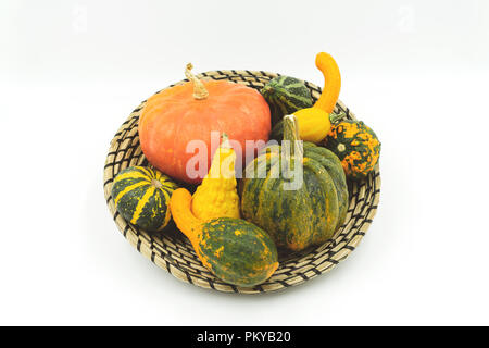 Différents types de citrouilles décoratives dans un panier décoratif bast on white background, Studio shot Banque D'Images