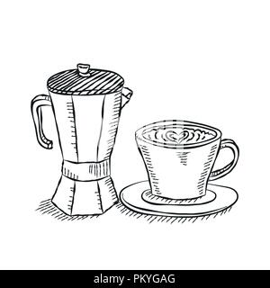 Pot et tasse de café isolé sur fond blanc - Hand drawn Vector dans doodle style. Illustration de Vecteur