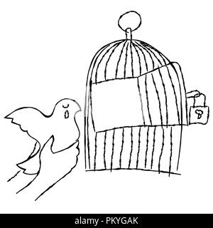 Mettre la main à la cage d'un oiseau, isolé sur fond blanc - hand drawn cartoon. Illustration de Vecteur