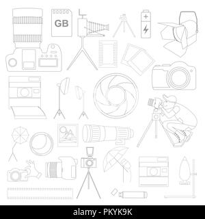 L'icône de la photographie ensemble avec photo, caméra de l'équipement. Version Contour. Vector illustration Illustration de Vecteur