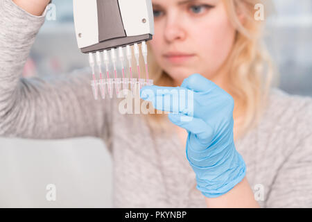 Jeune femme séduisante travailler avec distributeur de PCR dans le laboratoire de génétique Banque D'Images