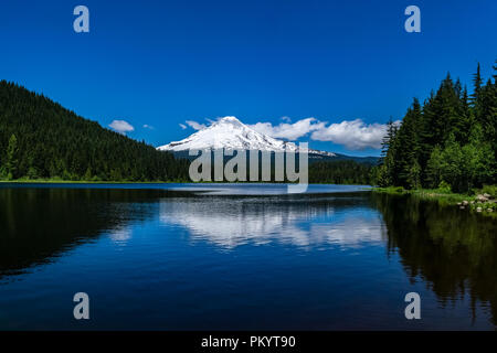 Mt Hood couverte de neige se reflétant dans le lac Trillium sur une belle journée ensoleillée, des Cascades, dans le camp du gouvernement, Oregon, USA. Banque D'Images