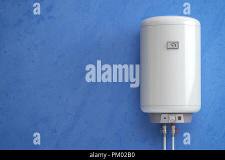 Chauffe eau électrique, chauffe-eau sur le mur bleu. 3d illustration Banque D'Images