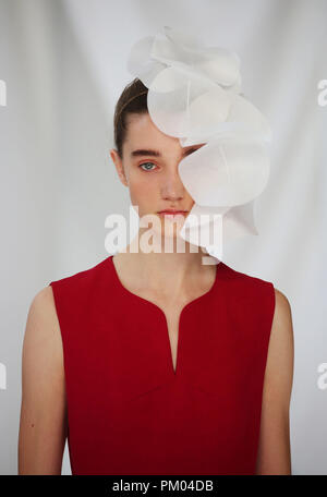 Un modèle sur le podium au cours de l'Delpozo London Fashion Week SS19 show qui a eu lieu à RIBA, Londres. Banque D'Images