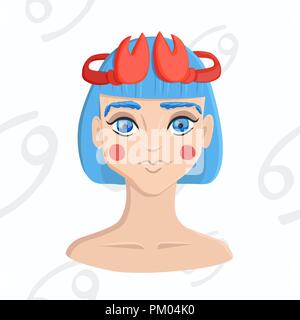 Fille aux cheveux bleus avec couronne sur fond transparent d'astrologie. Signe astrologique Cancer isolé sur fond blanc. Illustration de Vecteur