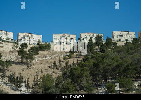 Close up of Jerusalem apartments tourné entre les arbres de la niveau de la route Banque D'Images