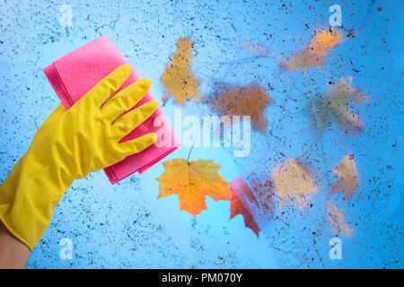 De caoutchouc jaune gant avec serviette. Ciel bleu et feuilles d'érable colorées sur une branche derrière une vitre sale. Image conceptuelle sur le thème de cleanline Banque D'Images