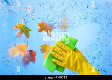 De caoutchouc jaune gant avec serviette. Ciel bleu et feuilles d'érable colorées sur une branche derrière une vitre sale. Image conceptuelle sur le thème de cleanline Banque D'Images