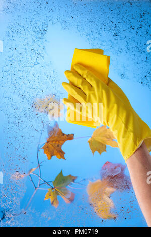 De caoutchouc jaune gant avec serviette. Ciel bleu et feuilles d'érable colorées sur une branche derrière une vitre sale. Image conceptuelle sur le thème de cleanline Banque D'Images