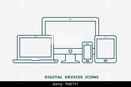 Ensemble de dispositifs d'icônes. Moniteur, ordinateur portable, tablet pc et téléphones Illustration de Vecteur