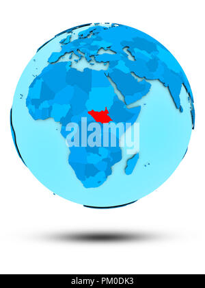 Le Soudan du Sud sur le globe bleu isolé sur fond blanc. 3D illustration. Banque D'Images