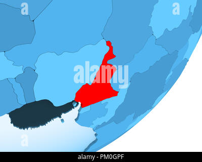 Le Cameroun en rouge sur bleu transparent avec globe politique des océans. 3D illustration. Banque D'Images