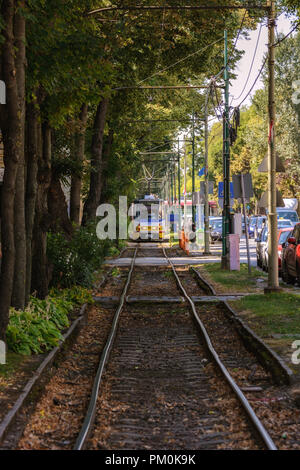 Szeged, Hongrie, le 28 août : le tram, le public se déplace sur des rails inégale d'une voie spéciale sur une journée ensoleillée. Szeged, le 28 août 2018. Banque D'Images