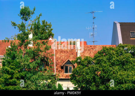 Vue sur le toit de tuiles rouges avec une antenne TV, contre le ciel bleu à travers le livre vert le feuillage des arbres. Banque D'Images