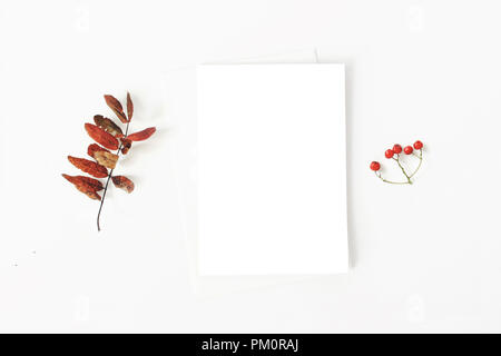 Papeterie minimaliste automne scène maquette. Composition de cartes de vœux papier planche, enveloppe et rouge des feuilles et des baies rowan à sec sur l'arrière-plan du tableau blanc. Mise à plat, vue du dessus. Arrangement botanique. Banque D'Images