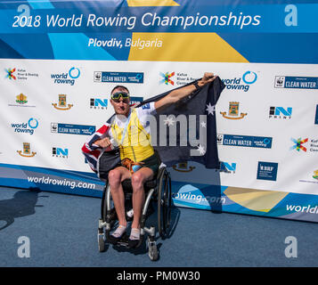 Plovdiv, Bulgarie, dimanche, 16 septembre 2018. Championnats du monde d'aviron, la FISA, Men's Para Aviron, AUS., PR1 M1X, Erik HORRIE, médaille d'or, prix Dock, 16.09.18 Crédit : Peter SPURRIER/Alamy Live News Banque D'Images