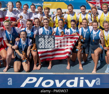 Plovdiv, Bulgarie. 16 septembre 2018. Championnats du monde d'Aviron de la FISA, USA, W8 +, médaillée d'Or © Peter SPURRIER, 16.09.18 Équipage : USA W8 + Équipage : Arc : Kristine O'BRIEN, Felice MUELLER, Victoria OPITZ, Gia DOONAN, Dana MOFFAT, Tracy EISSER, Emily REGAN, Olivia COFFEY, cox Katelin GUREGIAN, Crédit : Peter SPURRIER/Alamy Live News Banque D'Images