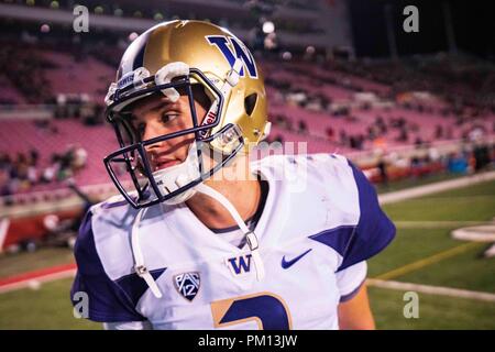 L'Utah, USA. 15 Sep, 2018. Washington Huskies quarterback Jake Browning (3) après le NCAA college football match entre Utah et Washington le samedi 15 septembre 2018 au Stade Rice-Eccles à Salt Lake City, UT. Jacob Kupferman/CSM Crédit : Cal Sport Media/Alamy Live News Banque D'Images