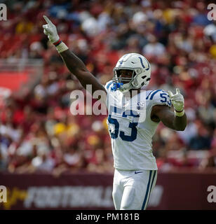 Landover, MD, USA. 16 Sep, 2018. Indianapolis Colts LB # 53 Darius Leonard lors d'un match de football américain NFL entre les Redskins de Washington et les Indianapolis Colts à FedEx Field à Landover, MD. Justin Cooper/CSM/Alamy Live News Banque D'Images