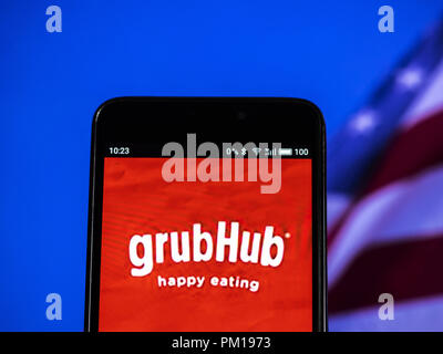 Kiev, Ukraine. 16 Sep, 2018. Logo GrubHub vu affichée sur un téléphone intelligent. Grubhub Inc. est une en ligne et l'alimentation mobile-commande l'entreprise qui relie les diners avec des restaurants locaux. Basé à Chicago, l'entreprise a plus de 14 millions de membres actifs, diners et environ 80 000 dans plus de 1 600 partenaires restaurant villes à travers les États-Unis et le Royaume-Uni. Crédit : Igor Golovniov SOPA/Images/ZUMA/Alamy Fil Live News Banque D'Images