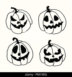 Vecteur de style cartoon Halloween face citrouilles spooky contour défini isolé sur le fond blanc. Illustration de Vecteur