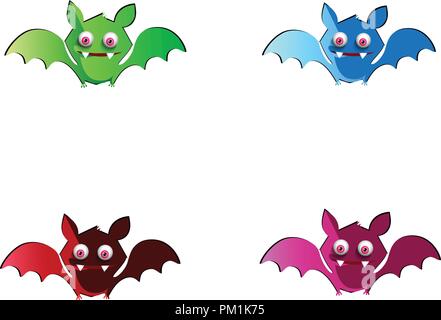 Vector set of cute funny multi colored smiling chauves-souris. Vert, bleu, violet et rouge bat des caractères sur fond blanc. Éléments de conception numérique d'Halloween Illustration de Vecteur