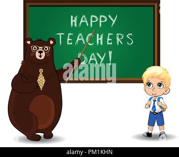 Les enseignants heureux jour carte de souhaits avec cute cartoon clip art enseignant de l'ours à lunettes et cravate holding pointeur et écolier en uniforme près de kawaii Illustration de Vecteur