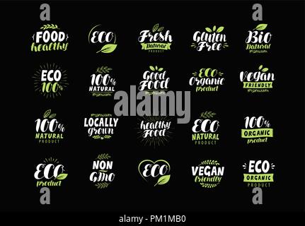 Eco label ou logo. Ensemble de produits organiques naturels sains, badges. Lettrage vecteur Illustration de Vecteur