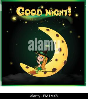 Bonne nuit carte vectorielle avec gingembre mignon petit bébé fille sorcière en costume vert avec un balai, baguette et funny bat sur son chapeau assis sur la lune sur Illustration de Vecteur