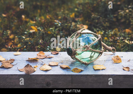 Grande sphère de verre transparent se trouve dans une planche de bois, le ciel et le bois se reflète Banque D'Images