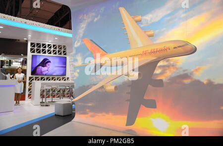 Beijing, Chine. 16 Sep, 2018. Photo prise le 16 septembre 2018 montre une zone d'exposition au cours de la conférence annuelle de l'aviation mondiale World Routes à Guangzhou, province du Guangdong en Chine du sud. Credit : Deng Hua/Xinhua/Alamy Live News Banque D'Images