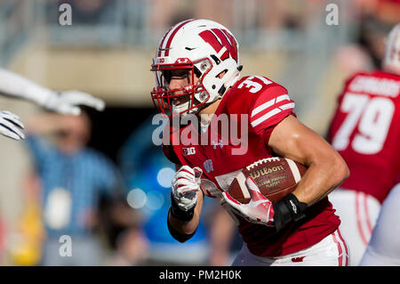 Madison, WI, USA. 15 Sep, 2018. Wisconsin Badgers Garrett running back # 37 Groshek se précipite la balle pendant la NCAA Football match entre les Cougars de Brigham Young et le Wisconsin Badgers au Camp Randall Stadium à Madison, WI. John Fisher/CSM/Alamy Live News Banque D'Images