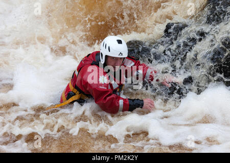 La force faible, fleuve Tees, Teesdale, County Durham, Royaume-Uni. Lundi 17 septembre 2018. Députés du comté de Durham et Darlington Fire and Rescue Service obtenir dans certains sauvetage en eau de la formation sur le fleuve Tees aujourd'hui. Des tempêtes avec Helena en raison de frapper la zone ce soir développer ces compétences est une partie essentielle de leur formation. Crédit : David Forster/Alamy Live News Banque D'Images