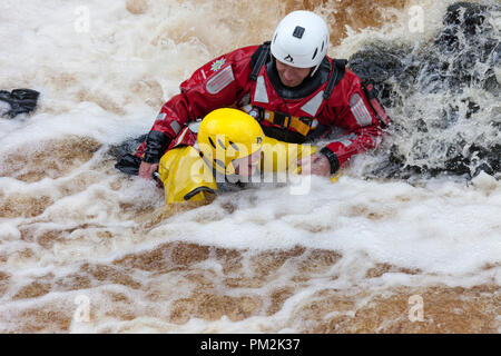 La force faible, fleuve Tees, Teesdale, County Durham, Royaume-Uni. Lundi 17 septembre 2018. Députés du comté de Durham et Darlington Fire and Rescue Service obtenir dans certains sauvetage en eau de la formation sur le fleuve Tees aujourd'hui. Des tempêtes avec Helena en raison de frapper la zone ce soir développer ces compétences est une partie essentielle de leur formation. Crédit : David Forster/Alamy Live News Banque D'Images