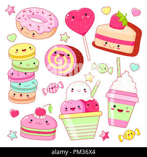 Ensemble d'icônes de sweet cute kawaii style avec sourire et les joues roses de sweet design. Autocollant avec l'inscription si mignon. La crème glacée, bonbons, beignets, Banque D'Images