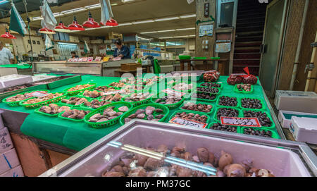 La Préfecture d'Ishikawa, Kanazawa, JAPON - 21 août 2018 : Des coquillages et des fruits de mer au marché Omicho Ichiba Banque D'Images