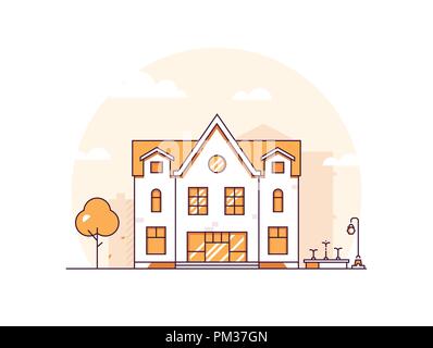 Appartement Maison - moderne ligne fine style design vector illustration sur fond blanc. Composition de couleur orange avec une façade de deux étages buildi Illustration de Vecteur