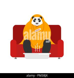 Malades Panda assis dans fauteuil enveloppé dans une couverture. La maladie d'ours chinois l'éternuement. Bête malheureuse grippe ayant assis sur un canapé. vector illustration Illustration de Vecteur