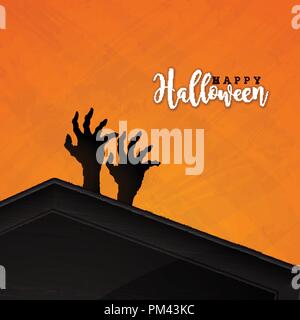 Happy Halloween banner illustration avec cercueil et zombie Main sur fond orange. Maison de vacances vecteur modèle design avec typographie lettrage pour carte de voeux, flyer, affiche de la célébration ou de la partie d'invitation. Illustration de Vecteur