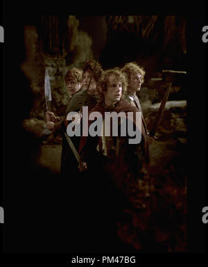 Photos de nouvelle ligne présente 'Le Seigneur des Anneaux : La communauté de l'anneau' Billy Boyd, Dominic Monaghan, Elijah Wood, Sean Astin © 2002 Nouvelle ligne Banque D'Images