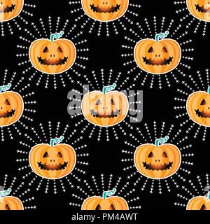 Happy Halloween jackolantern modèle homogène. Jack lantern avec rayons. Vector illustration isolé sur fond noir. Illustration de Vecteur