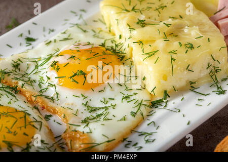 Oeufs frits à la fondue au fromage roumain appelé cas - vue rapprochée Banque D'Images