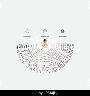 2019 Modèle de calendrier avec l'icône ampoule idée.demi-cercle.Calendrier 2019 Calendrier Série de 12 mois.Calendrier de l'année modèle de conception de scénario. Illustration de Vecteur