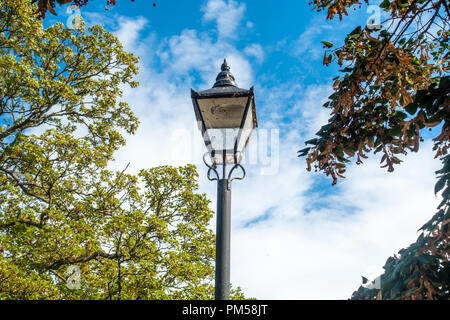 Un look vintage très orné, street light set against a blue et ciel nuageux frames par des arbres commencent à changer de couleur au début de l'automne. Banque D'Images