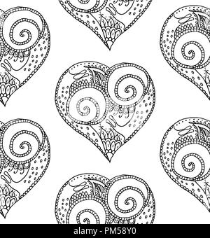 Vector illustration du modèle homogène à partir de dessin à la main avec coeur noir escargot couple in love sur fond blanc. Livre à colorier pour la Saint Valentin Illustration de Vecteur