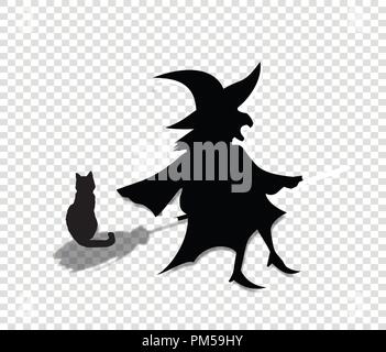 Silhouette noire de sorcière en costume et chapeau voler sur le balai avec cat isolé sur fond transparent. Halloween party, icône d'illustration vectorielle, retr Illustration de Vecteur